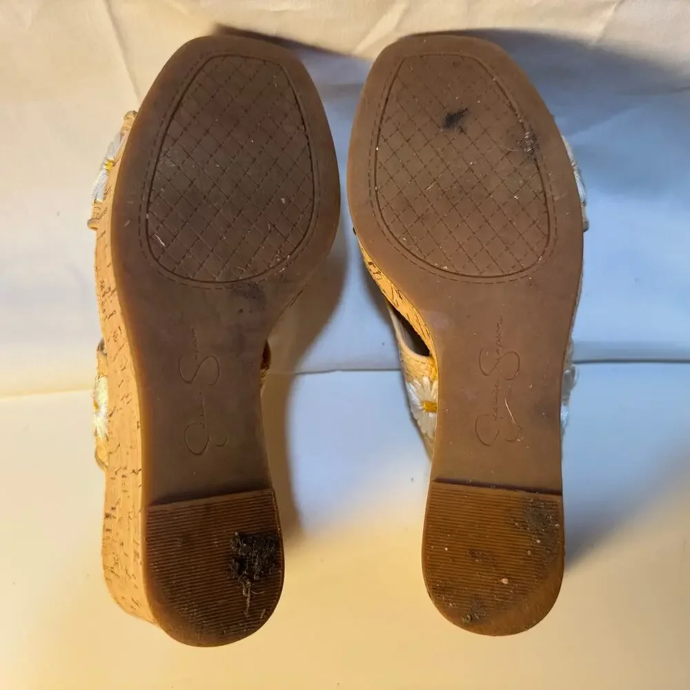 Womens Jessica Simpson Size 6.5 EU 37 Tan Cork Daisy Wedges Slip On JS-Seena A2